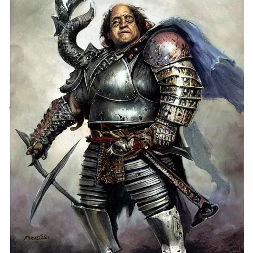 Image similar to portrait of danny devito wearing armor and holding sword by frank fazetta, fantasy, barbarian