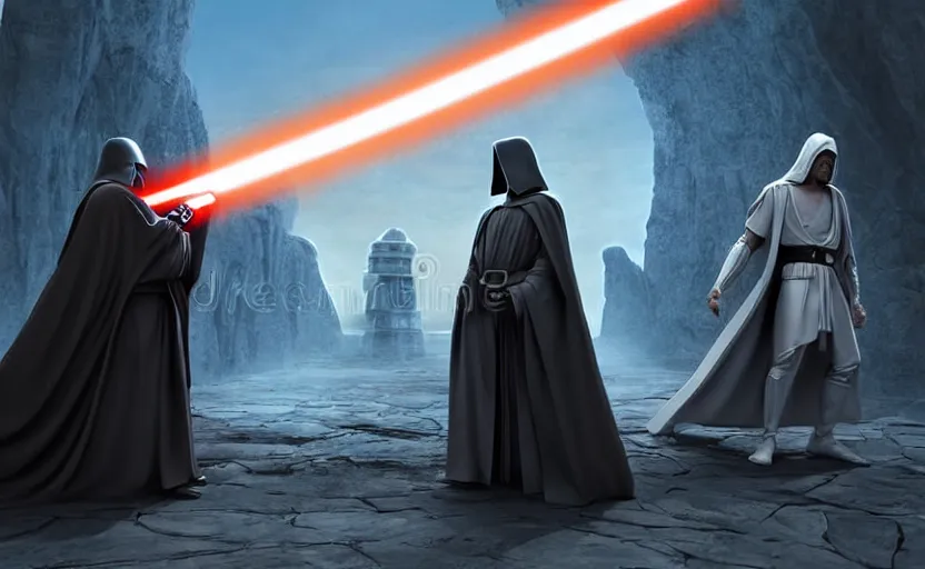 Image similar to epic standoff between a robed Jedi and a Sith, lightsabers in hand, ancient High Republic stone temple environment, high contrast, 8k clean fantasy comic book cover illustration