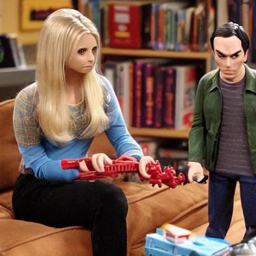 Prompt: still from The Big Bang Theory of Sheldon Cooper playing with his Buffy the Vampire Slayer action figures, high quality