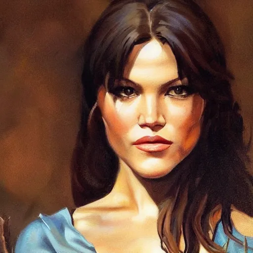 Prompt: ultra realistic portrait painting of katharine mcphee as a western outlaw, art by frank frazetta, 4 k, ultra realistic, highly detailed, epic lighting.