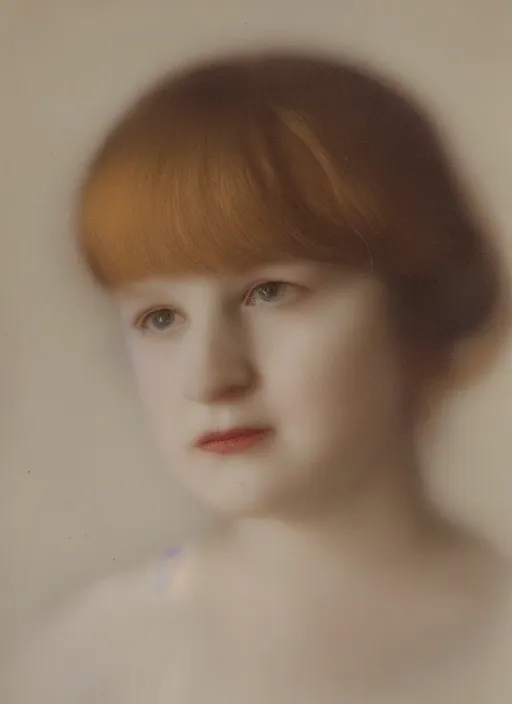 Image similar to out of focus photorealistic portrait of < zelda fitzgerald > as a beautiful young girl by sarah moon, very blurry, translucent white skin, slim, foggy, closeup