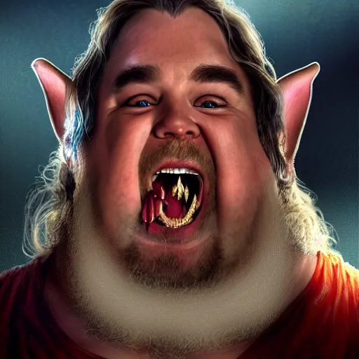 Prompt: hyper realistic, lord of the rings, close up portrait of a mega derpy john candy, big chungus, with bunny ears, smoking massive amounts of weed, big smile, buck teeth, hillbilly, by greg rutkowski, scott m fischer, artgerm, loish, slight glow, atmospheric, anne stokes, alexandros pyromallis