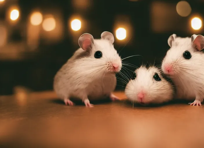 Image similar to photo of a hamsters on a date, kissing, at night, romantic, faded colors, candlelit restaurant table, cinematic color grading, various poses, soft light, well framed, sharp focus, 8 k