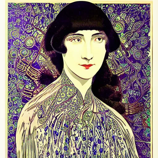 Image similar to portrait of a beautiful young lady with silver eyes, colored woodcut, poster art, by Mackintosh, art noveau, by Ernst Haeckel