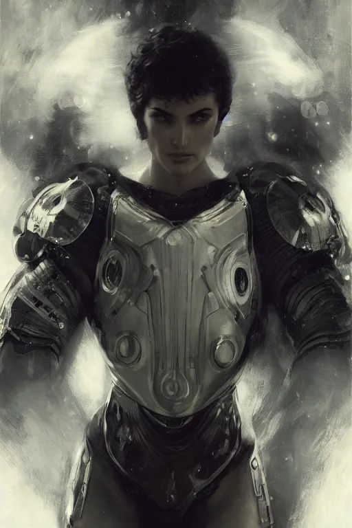 Image similar to sergey chaly closeup portrait futuristic fractal fightsuit gaston bussiere craig mullins j. c. leyendecker short wet hair richard avedon peter lindbergh monochrome studio lighting