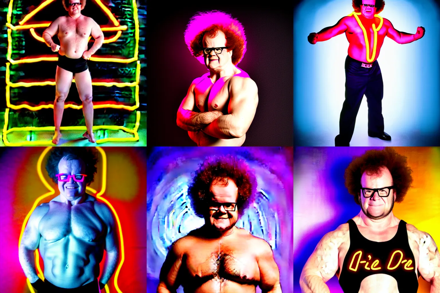 Prompt: Dr Steve Brule as a hunk wrestler, promotional photo, neon studio lighting, highly reflective