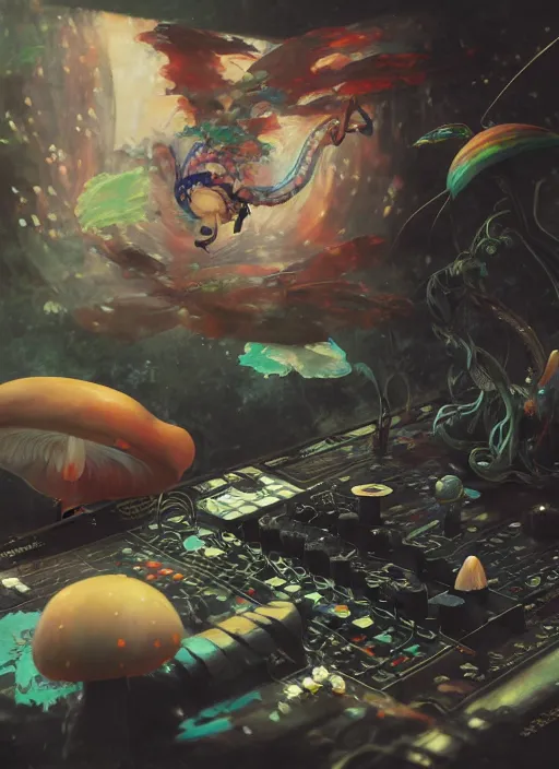 Prompt: surreal gouache painting, by yoshitaka amano, by ruan jia, by Conrad roset, by good smile company, detailed anime 3d render of a wild mushroom Surrounded by a magical dragonfly and a big DJ Mixer, deck, portrait, cgsociety, artstation, rococo mechanical and Digital and electronic, dieselpunk atmosphere