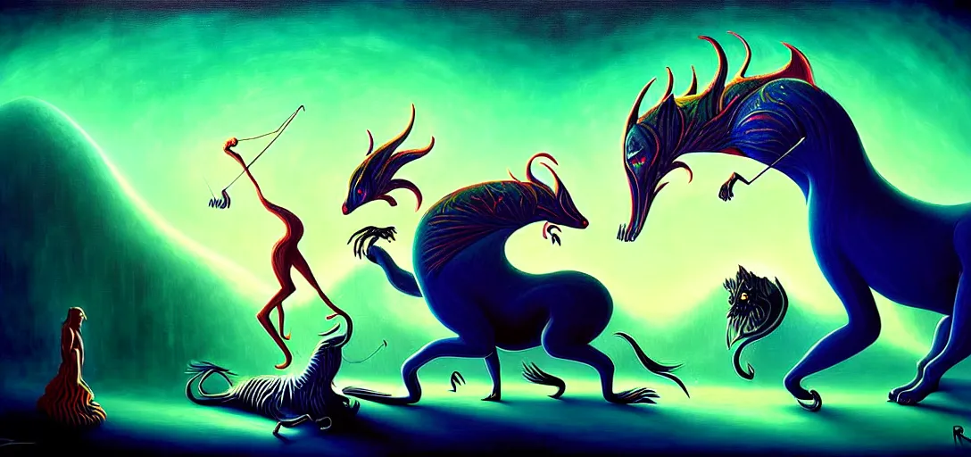 Image similar to strange mythical beasts of whimsy, surreal dark uncanny painting by ronny khalil