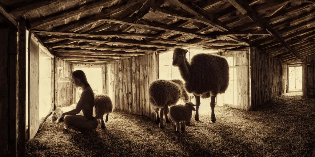 Image similar to insanely detailed wide angle photograph, atmospheric, girl nursing a lamb in a barn, horror, night, shadows, secluded, evil eyes, hay, a cow, windows