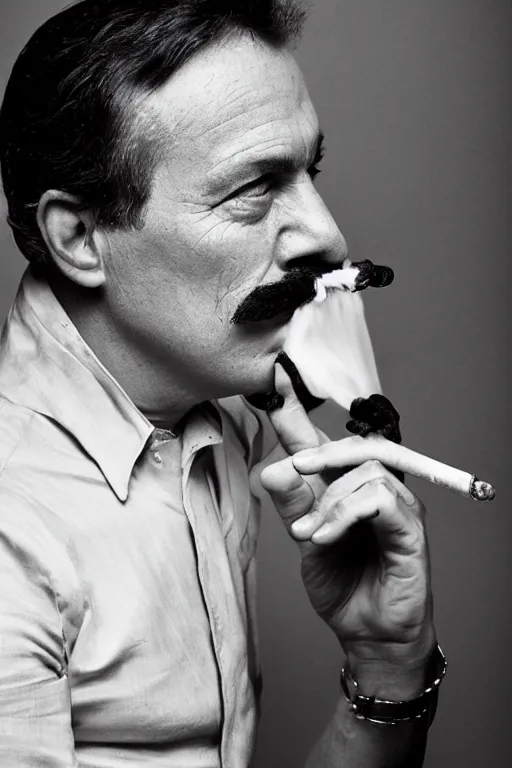 Image similar to mario testino photography, a male portrait, black hair, moustache, smoking a pipe