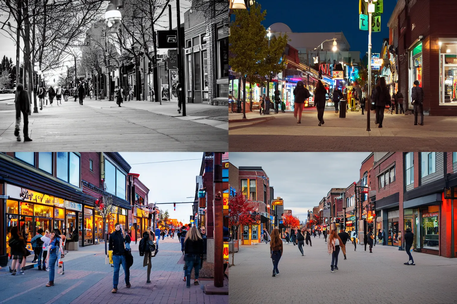 Prompt: urban landscape photo of whyte avenue of Edmonton Alberta, young adults on sidewalks that are lined with trendy stores and nightclubs, late evening time, high dynamic range color, medium contrast, 1/4th shutterspeed, sigma 24mm f8