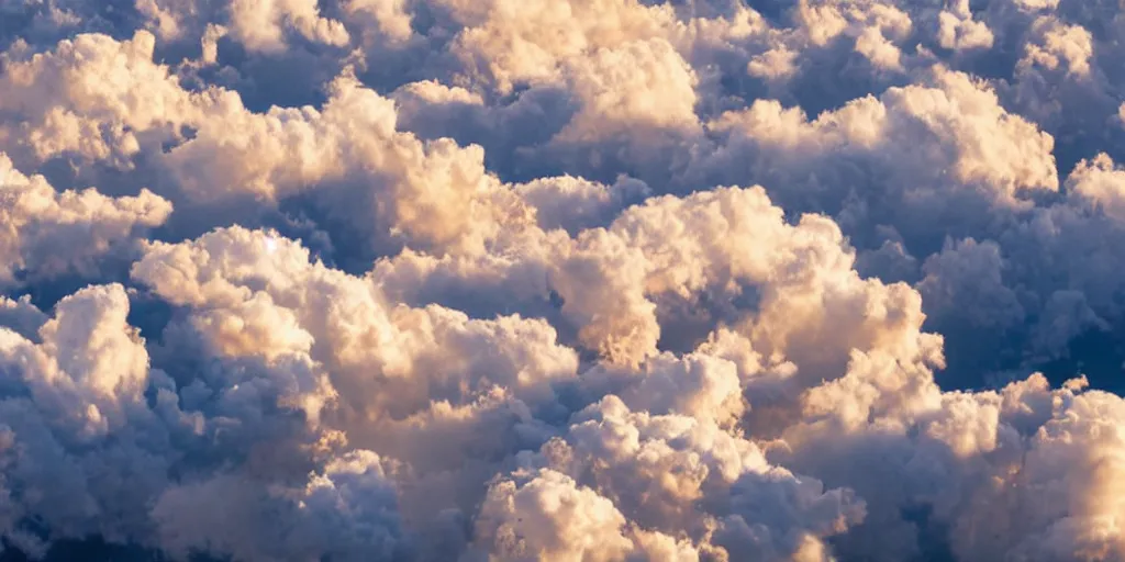 Prompt: Aerial photograph of cumulus clouds. Highly detailed. At golden hour. 35mm lens. Cinematic lighting. 4K.