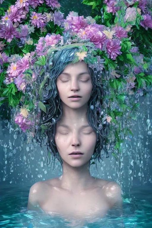 Prompt: ultra realistic 3 d render of a gorgeous goddess made of water and draped in blooming flowers rising out of the water dripping by charlie bowater and farid ghanbari, beautiful, bioluminescent, ethereal, intricate, elegant, full body