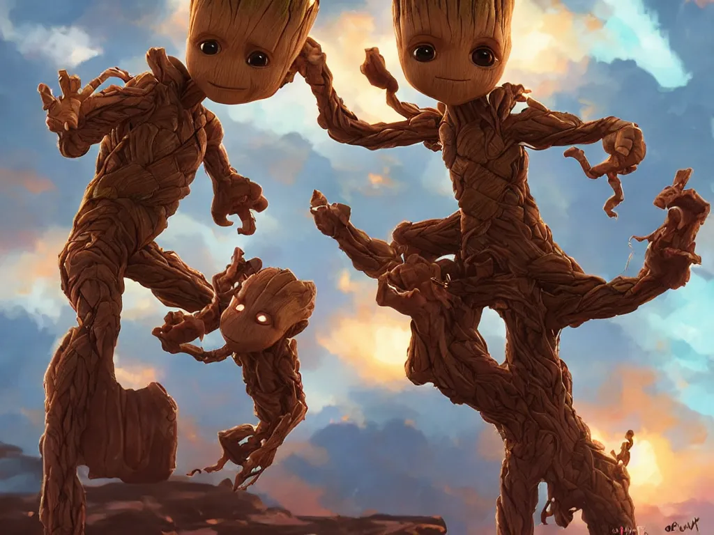 Prompt: baby groot from guardians of the galaxy!, cinematic volumentric lighting, jim cheung, david marquez, mike deodato jr, ilya kuvshinov, makoto shinka, behance hd by jesper ejsing, by rhads, hyper detailed, octane render, concept art, trending on artstation