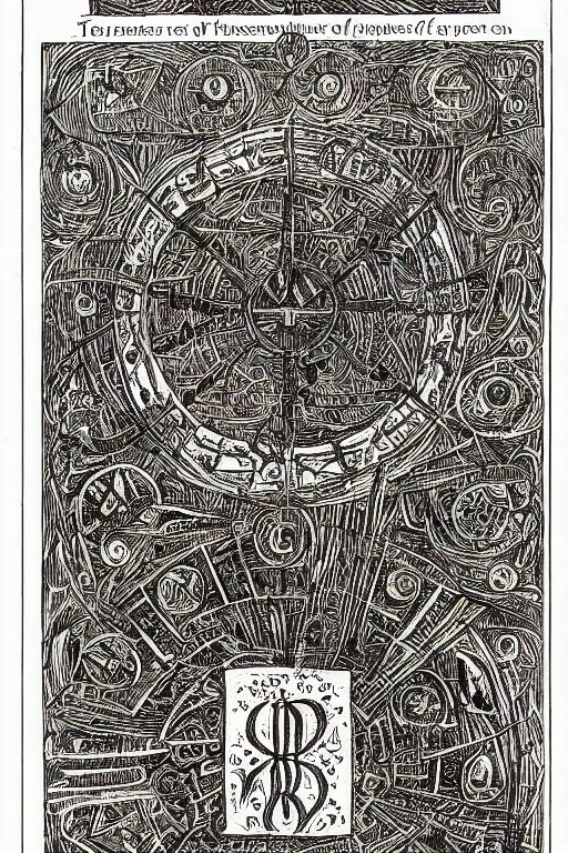 Image similar to Libre Ivonis (Book of Eibon), Page 23: incantation and sigil, a hyperdetailed alchemical scene with symbols, academic art. Intricate