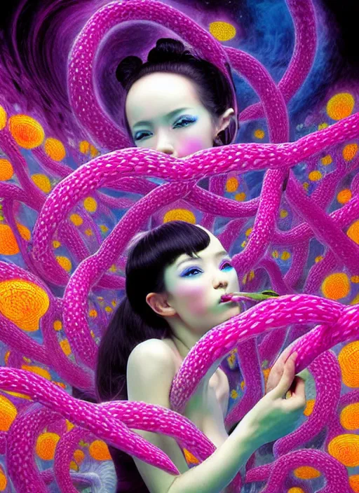 Image similar to hyper detailed 3d render like a Oil painting - kawaii action portrait Aurora (black haired Fae acrobat) seen Eating of the Strangling network of yellowcake aerochrome and milky Fruit and Her delicate Hands hold of gossamer polyp blossoms bring iridescent fungal flowers whose spores black the foolish stars by Jacek Yerka, Mariusz Lewandowski, Houdini algorithmic generative render, Abstract brush strokes, Masterpiece, Edward Hopper and James Gilleard, Zdzislaw Beksinski, Mark Ryden, Wolfgang Lettl, hints of Yayoi Kasuma, octane render, 8k