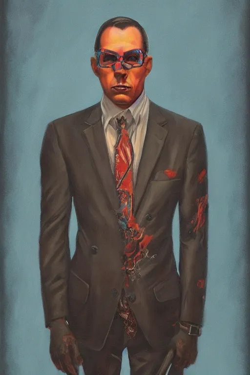 Prompt: a painting of a man wearing a suit and tie, a character portrait by Vladimir Tretchikoff, digital art by by József Borsos, cyberpunk art by Ed Paschke, trending on Artstation, digital painting, digital illustration, vaporware