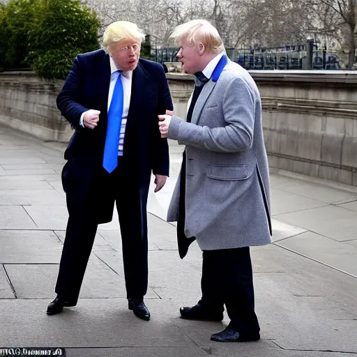 Image similar to a paparazzi photo of boris johnson on a date with donald trump along the houses of parliament, london, the sun newspaper, detailed, canon eos, f / 1. 2, 2 0 0 mm lens