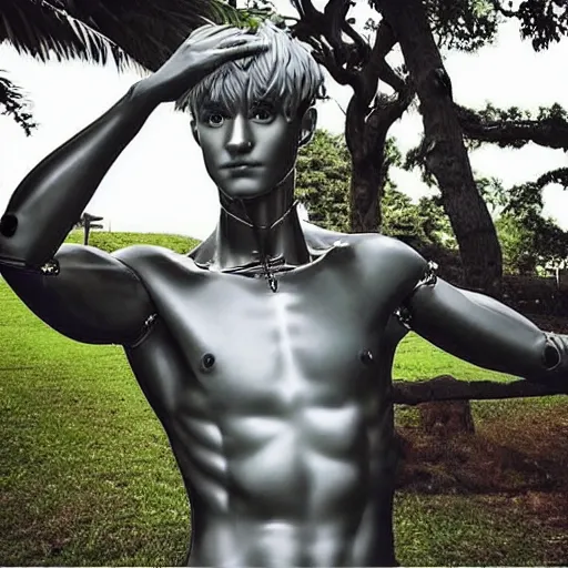 Image similar to “a realistic detailed photo of a guy who is an attractive humanoid who is half robot and half humanoid, who is a male android, twitch streamer Ninja Tyler Blevins, shiny skin, posing like a statue, blank stare”