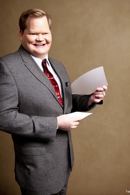 Image similar to full length body shot, andy richter wearing a brown suit and necktie and black boots, ultra hd photo, 3 5 mm close up, fish eye, realistic, smiling, holding a postcard from chicago,