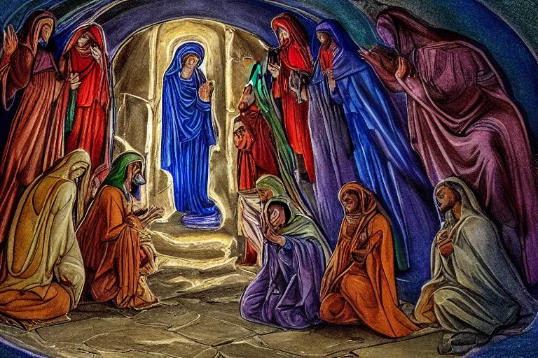 Prompt: inside the tomb of jesus, dark scene, light coming in from the left, small steps leading down, 3 marys crouching in colored robes at the tomb | 2 angels on the right side | medium close | fibonacci composition, by artgerm