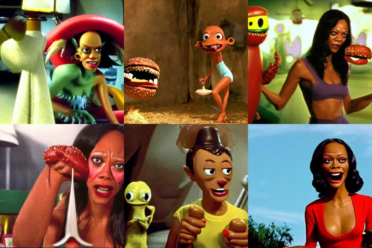 Prompt: color movie still of zoe saldana in hot dog monster vs hamburger monster by ray harryhausen