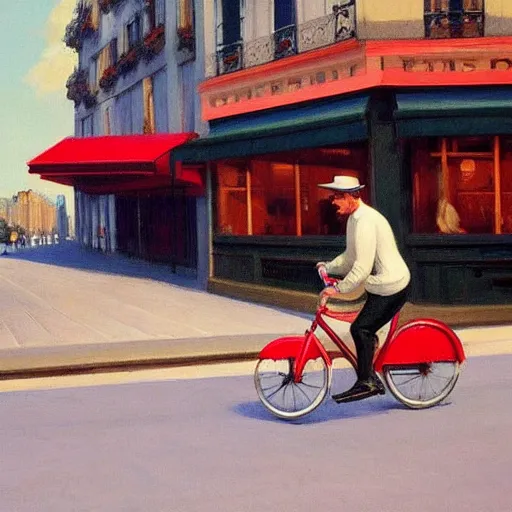 Prompt: young puppy riding a bike in paris. edward hopper. faithfully depicted, sharp focus, global illumination, radiant light, detailed and intricate environment, trending on artstation