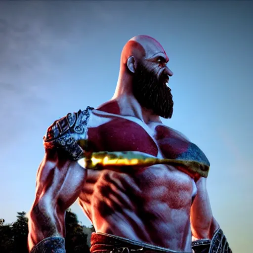 Prompt: A giant marble statue of Kratos from God Of War, hyper-realistic, 8K HDR, sunset.