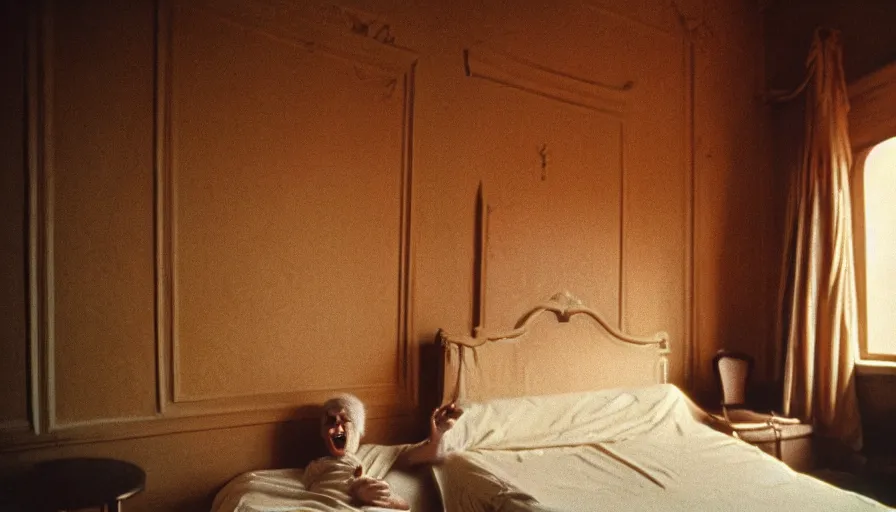 Prompt: 1 9 7 0 s movie still of the marc aurele hysterical on his bed in a ancient palace, cinestill 8 0 0 t 3 5 mm, high quality, heavy grain, high detail, cinematic composition, dramatic light, anamorphic, ultra wide lens, hyperrealistic