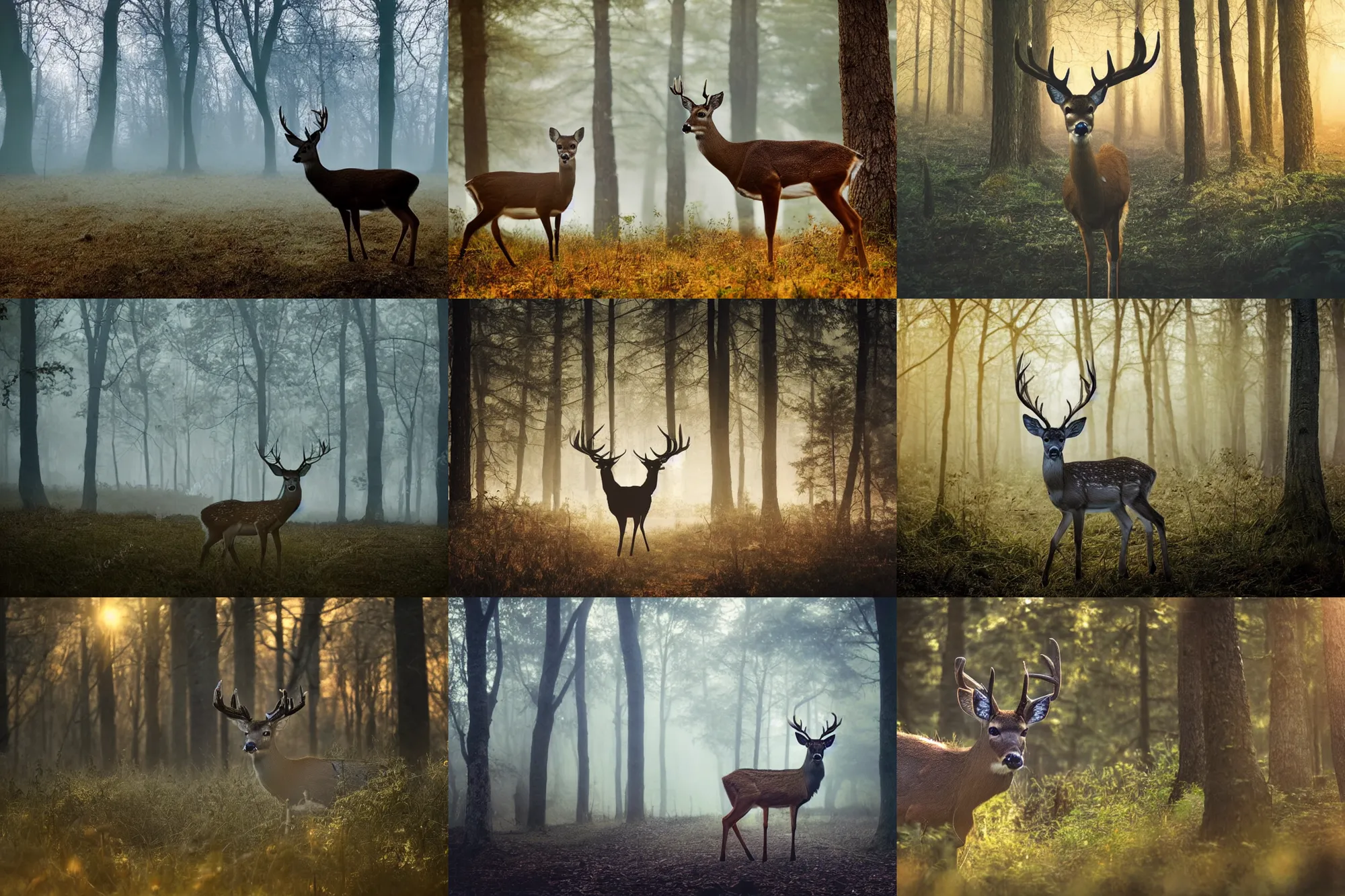 Prompt: deer portrait, facing camera, blue eyes, glowing eyes, landscape, misty forest scene, sun through the trees, surreal