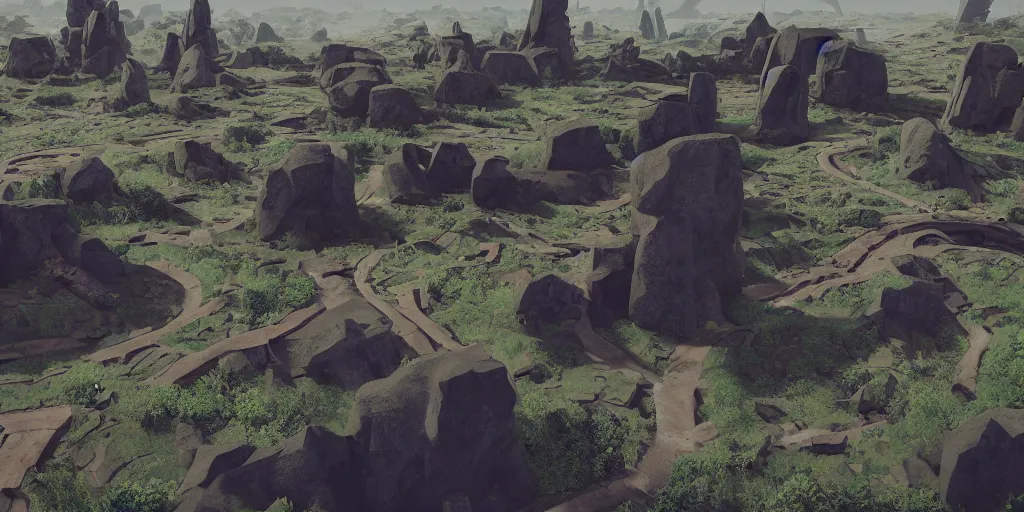 Prompt: 3d painted landscape in the year 2020 with a single small brutalism monument in the center by james jean painted in no mans sky style, redshift, octane