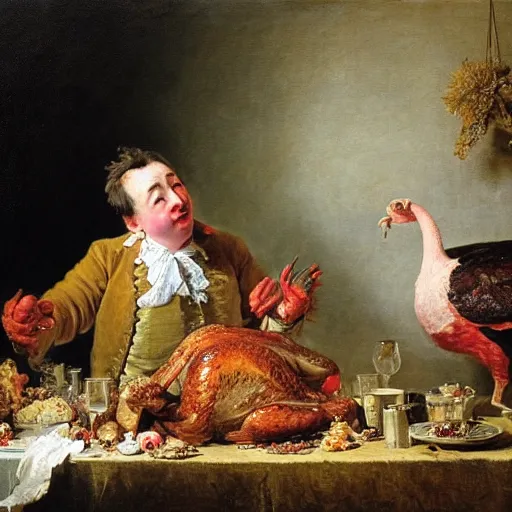 Image similar to british comedian david mitchell eats a turkey for christmas, oil on canvas, by jean honore fragonard