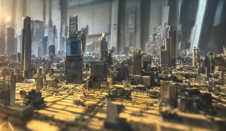 Image similar to large group of people in simple warehouse, looking at hologram of futuristic city on a table, cinematic concept art, godrays, golden hour, natural sunlight, 4 k, clear details, tabletop model buildings, center model buildings, hologram center, crane shot, crane shot, crane shot