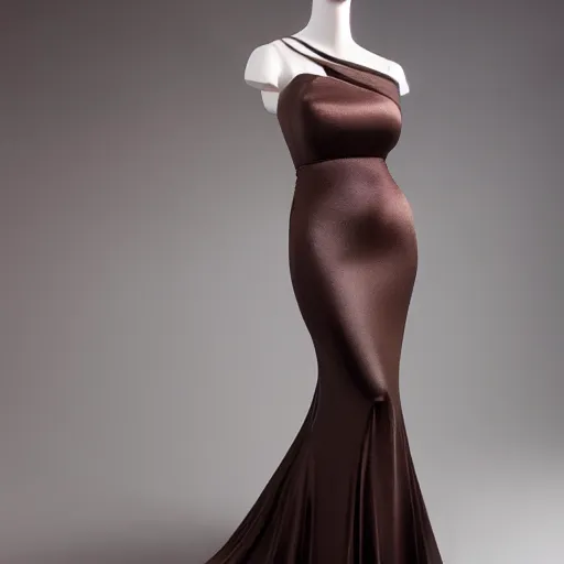 Prompt: a beautiful evening gown made of fluid dark chocolate, on a mannequin.. studio lighting, high quality, high resolution