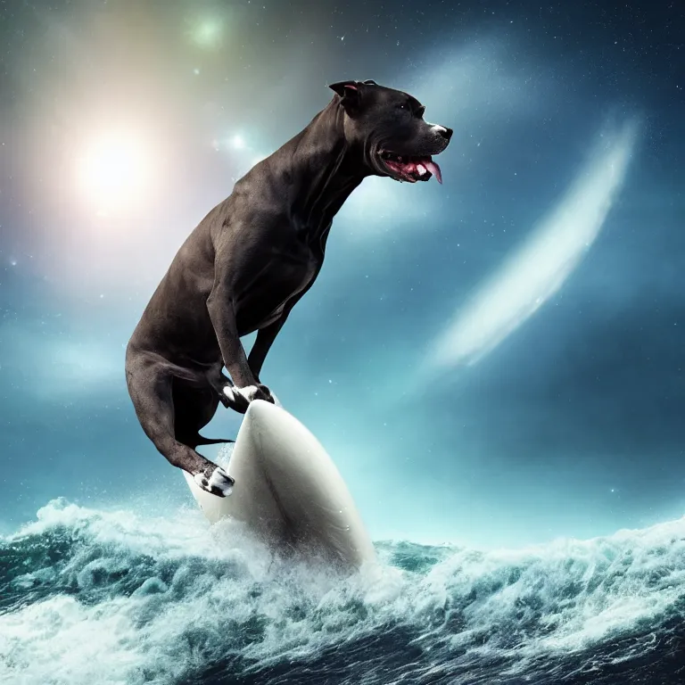 Image similar to photo of a skinny dark gray coat pit bull with a white paws and a white nose!, surfing on a surfboard in a crashing wave of alien galaxy, trending on art station, ocean in space, background is an alien galaxy, aliens in the background, alien colors, octane render, unreal engine, wide view, 8 k, highly detailed