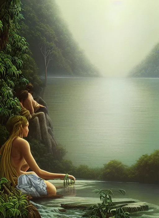 Prompt: a meditation near a river in the amazon jungle, gazing at the water, highly detailed, art by christophe vacher