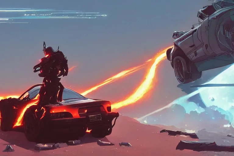 Prompt: 2 0 0 1 space odyssy diesepunk honda nsx mad max speeding through a burning fuel depot chase laser weapons by greg rutkowski makoto shinkai takashi takeuchi studio ghibli, akihiko yoshida