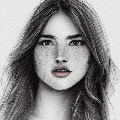 Image similar to beautiful young woman face with very light freckles on cheeks artist sketch closeup