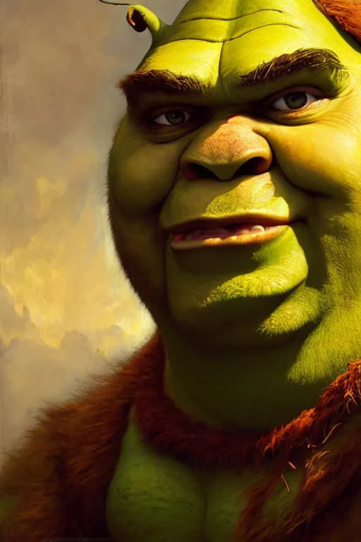 Image similar to a half body portrait of shrek, high detail, cleary see face, by gaston bussiere, bayard wu, greg rutkowski, devine, odd nerdrum, maxim verehin, dan dos santos, masterpiece, sharp focus, cinematic lightning