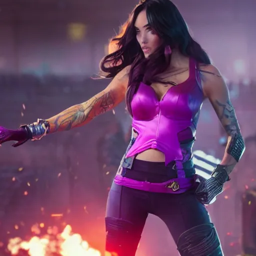 Image similar to action still of Caitlyn in KDA League of legends movie played by Megan Fox. dslr, 4k, imax, cinematic, 35mm, 4k resolution