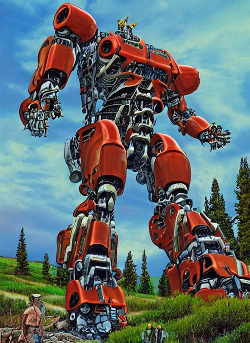 Image similar to realistic physically based rendering of a giant mechanical robot at yellowstone national park by jack kirby and simon bisley, epic, awesome trendy color palette, cinematic