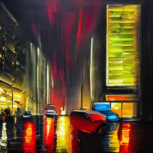 Image similar to city streetscape, dark road with cars, people at night, tall buildings with shops below at street level, neon lights above shops, headlights and stop lights illuminating surroudings, raining, very dark lighting, abstract oil painting