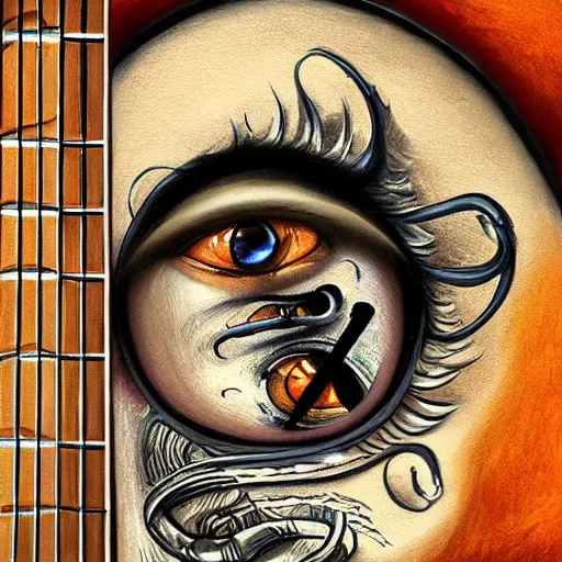 Image similar to eyes, guitar, extremely Highly detailed, Occult, funny, humorous, humor, hilarious, funny, entertaining, magical, trending on artstationHQ, closeup, D&D, intricate, elegant, highly detailed, digital painting, artstation, concept art, matte, sharp focus, illustration, surrealism