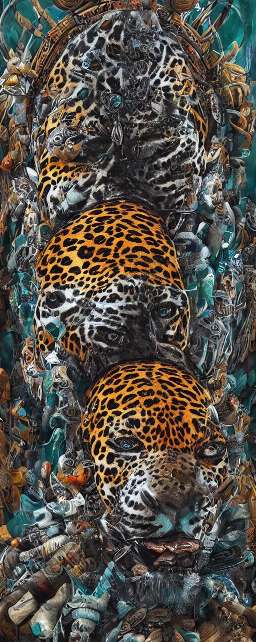 Image similar to an intricated and detailed painting of a shaman turning into a jaguar 4 k render