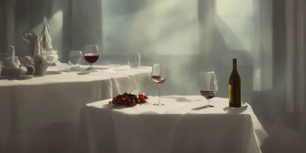 Prompt: A glass of wine on a table with a white tablecloth, detailed oil painting, cinematic angle, hyperrealistic, breathtaking, volumetric lighting, cinematic lighting, dynamic, Studio Ghibli, digital art, octane render, epic composition, trending on artstation, masterpiece