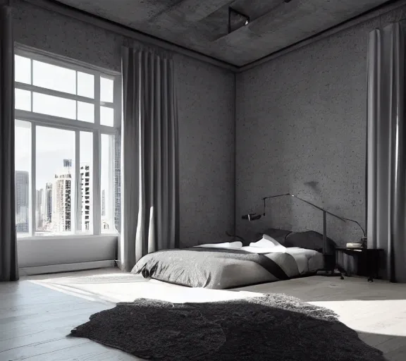 Image similar to brutalist black mansion luxury bedroom tall windows interior design minimalist organic, organic architecture furniture open space high quality octane render blender 8 k