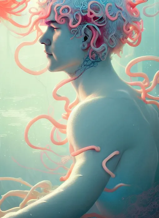 Prompt: harmony of neon glowing coral, tentacles, ( white hair merman yoongi no ears, no nose portrait ) by wlop, james jean, victo ngai, muted colors, highly detailed, fantasy art by craig mullins, thomas kinkade,