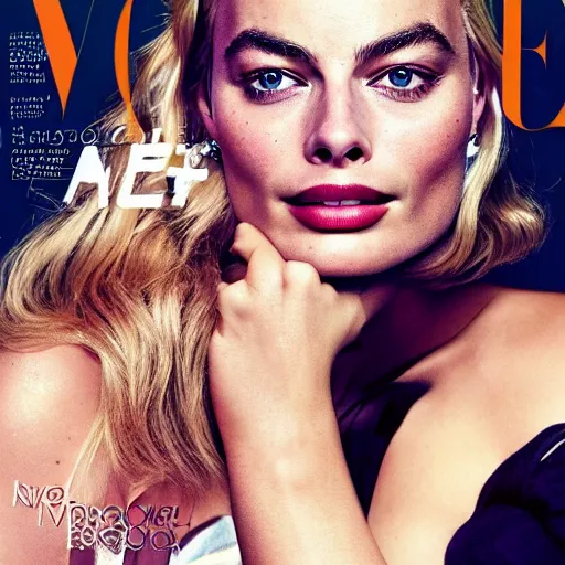 Prompt: a portrait of margot robbie, vogue cover, highly detailed