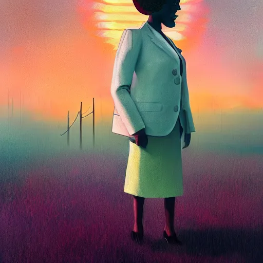 Image similar to giant daisy flower head, frontal, girl in a suit, surreal photography, sunrise, dramatic light, impressionist painting, digital painting, artstation, simon stalenhag