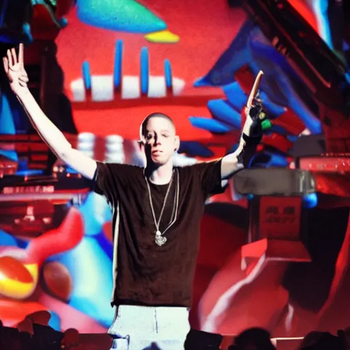 Image similar to still of an award - winning movie of eminem rapping on stage alongside a cartoon chocolate m & m candy, hyperdetailed, hdr, studio lighting, studio quality effects, epic!!!!!! 4 k, 8 k